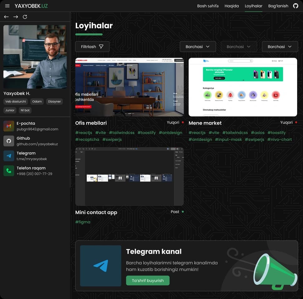 Developer Portfolio Website — Uzbek UI - Preview 2