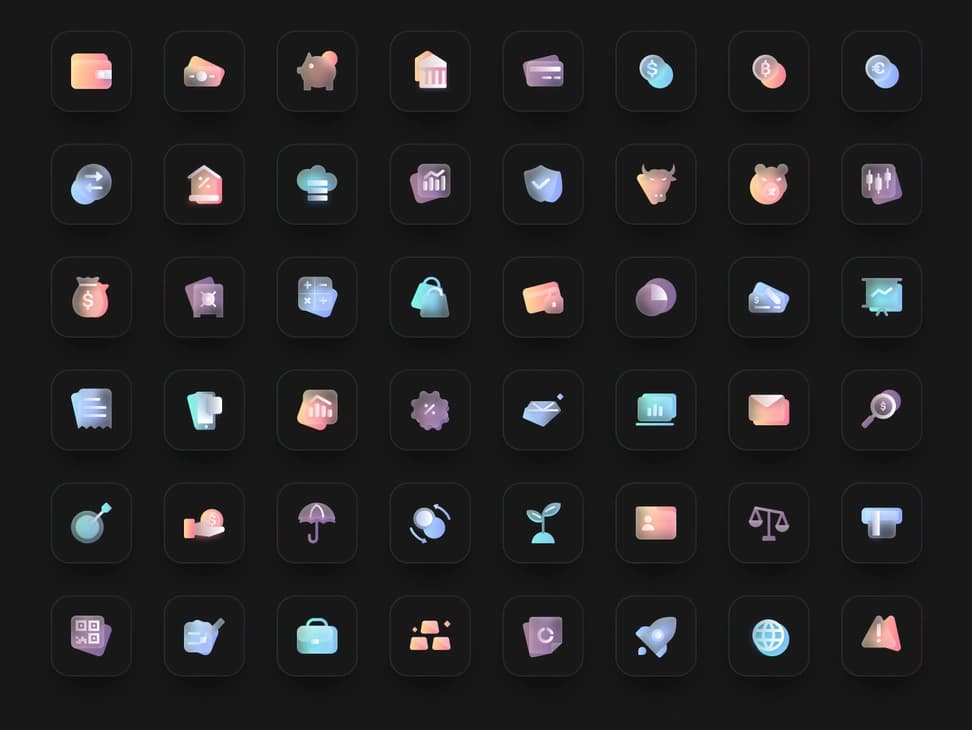8 Glass Morph Finance Icons — Dark & Bright Mode - Preview 1