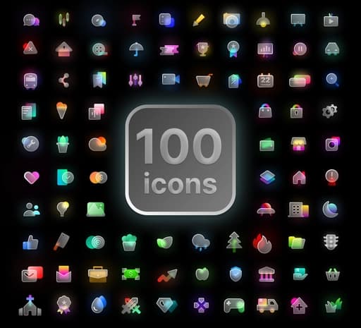 100 Glass Icons Set – 3D-Like SVG
